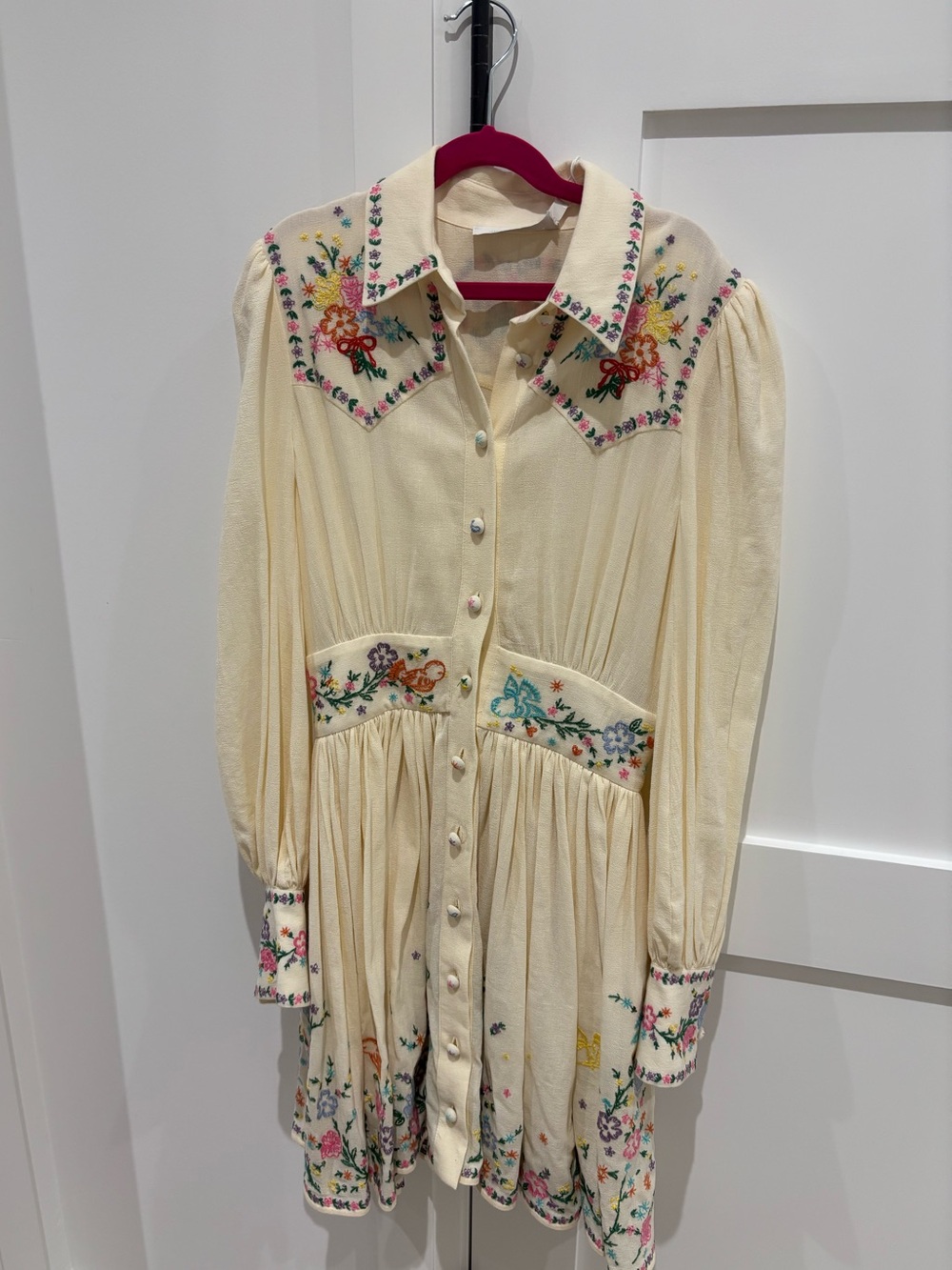Zimmermann Cream Long-Sleeve Embroidered Button-Front Dress